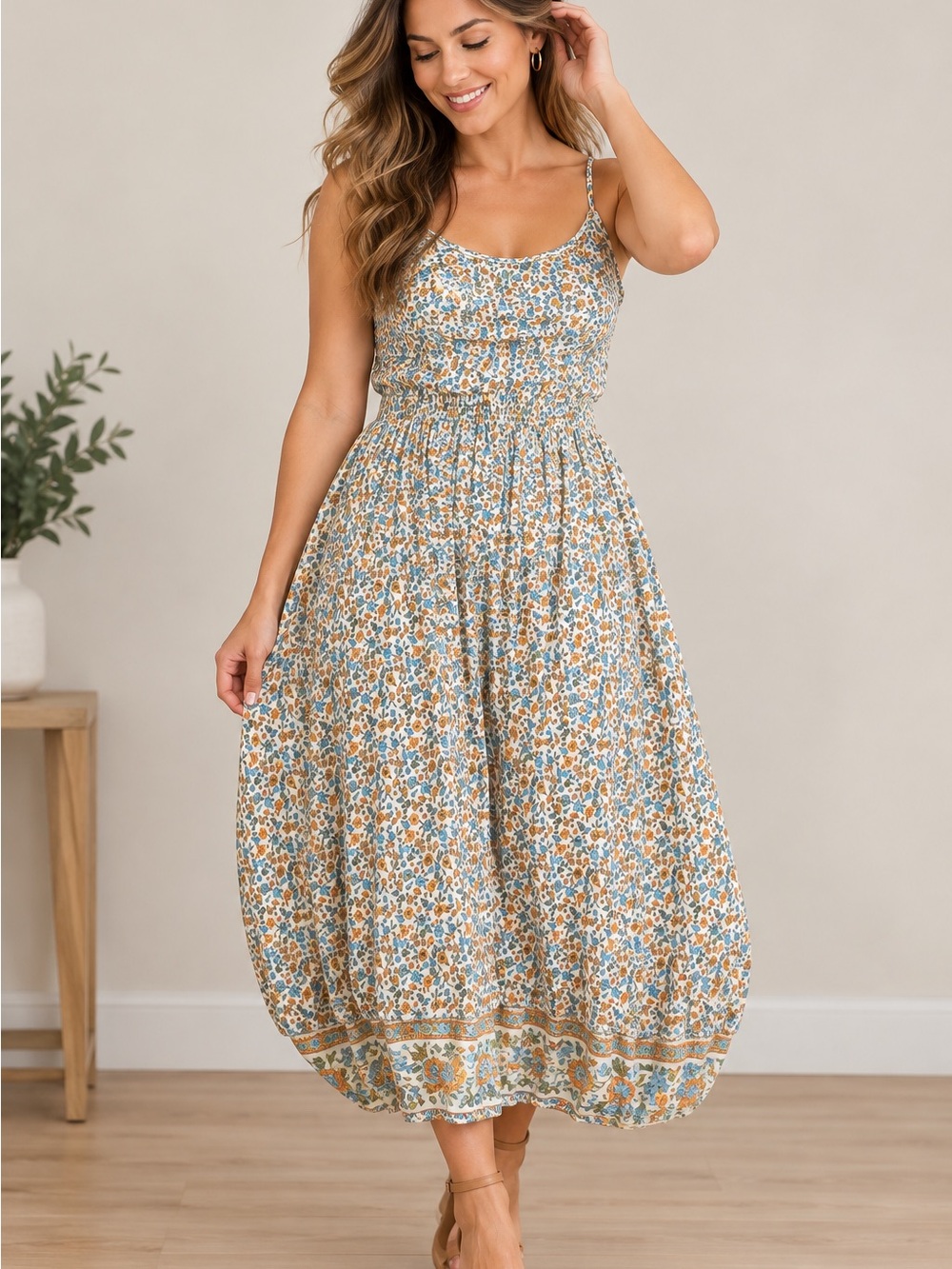 Floral Smocked Midi Dress in Blue and Tan